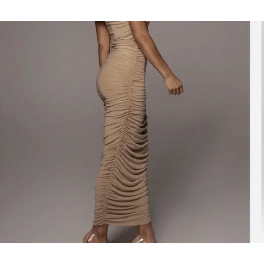 JLUXLABEL Ruched Tan Midi Dress - Picture 2 of 8